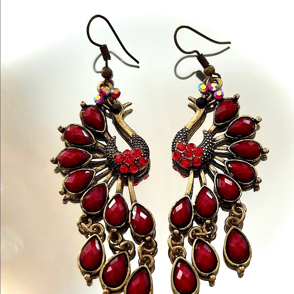 Red Rhinestone & Brass Peacock Earrings